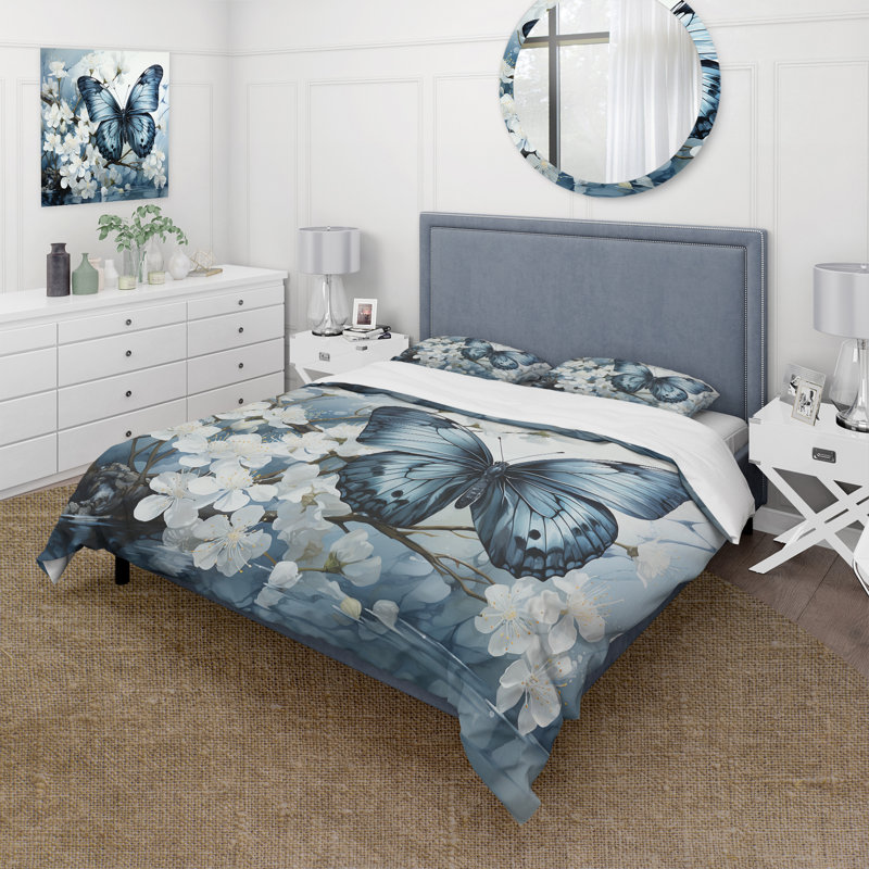 Ensemble de housse de couette Butterfly Reflection - bleu et blanc, Housse de couette pour grand lit et 2 taies décor