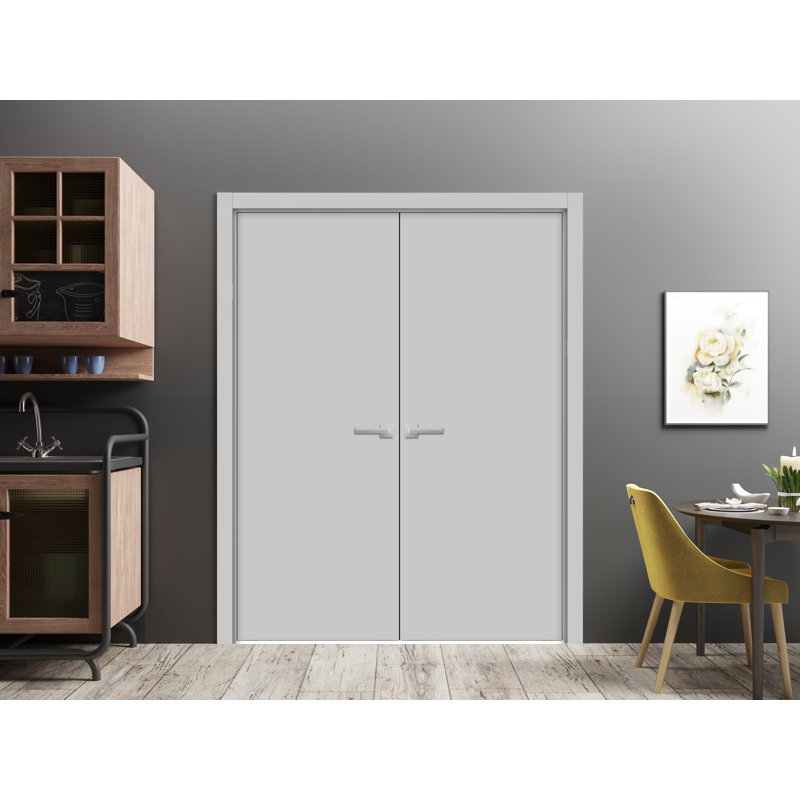 Modern Matte Grey Solid Wood French Double Doors, 80 x 64 Inch