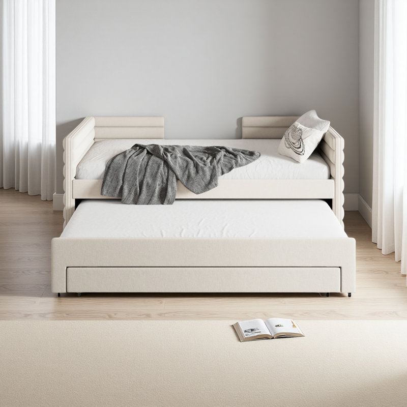 Lit de jour simple rembourré avec lit gigogne et 3 tiroirs de rangement, canapé-lit en lin à poil court pour chambre d'amis, salon, structure de lit de jour moderne peu encombrante, aucun sommier nécessaire