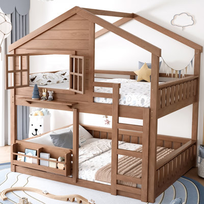 Full Size Bunk Bed/Loft Bed with Bookshelf, House Design, High-Quality Safety Fencing, Natural