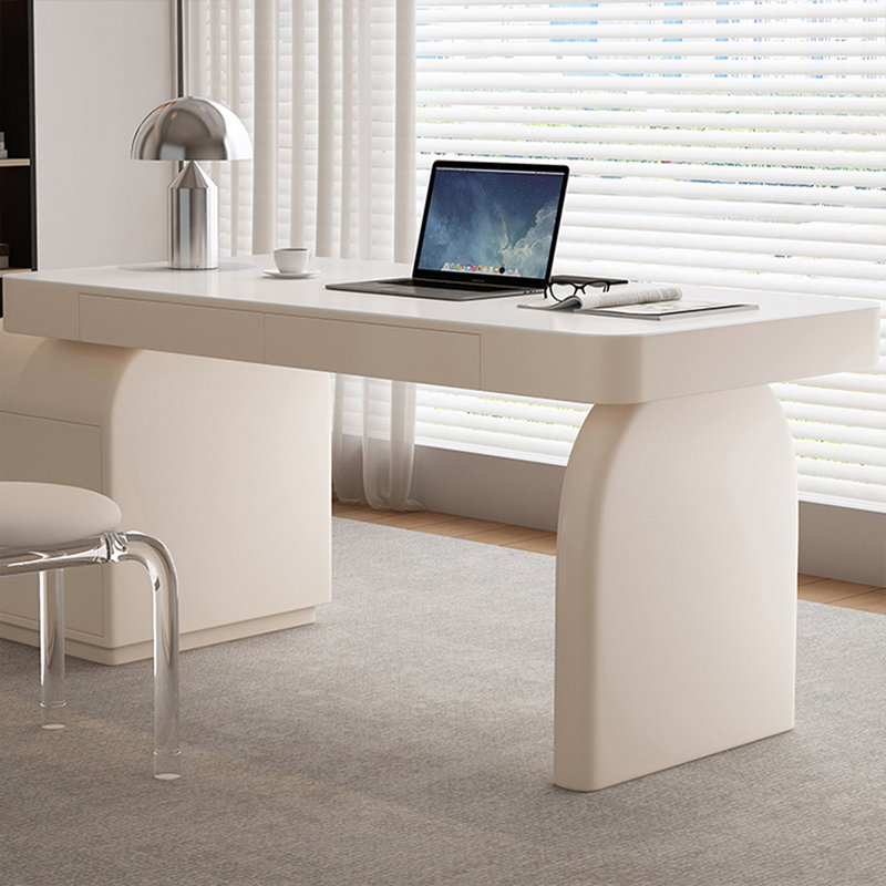 Bureau rectangulaire blanc et beige en bois manufacturé avec 4 tiroirs, H 29,53 po x l 70,87 po x P 23,62 po