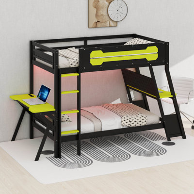 Wood Bunk Bed With Desk, Bunk Bed With Charging Station And Pegboard, Game Room Bunk Beds For Small Space