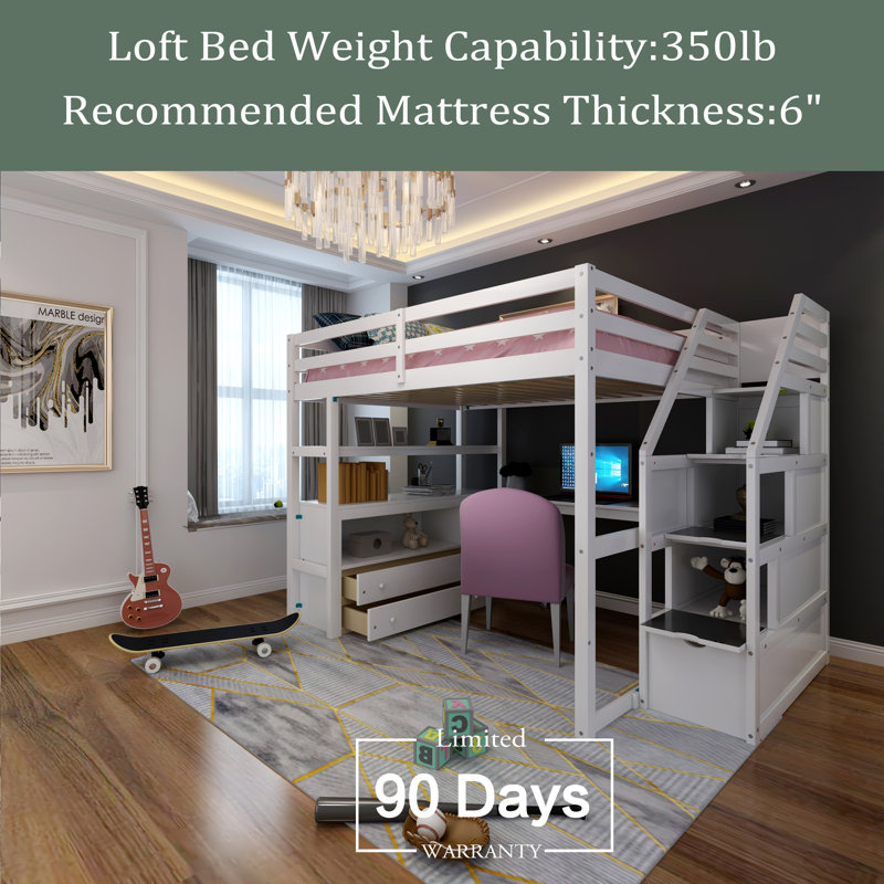 Helenna Kids Full Loft Bed with Drawers, White