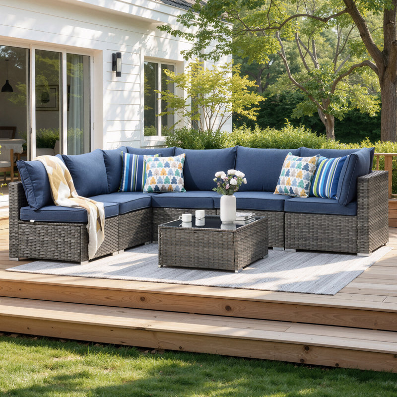 Ensemble de conversation modulaire en rotin Aliva, Bleu denim