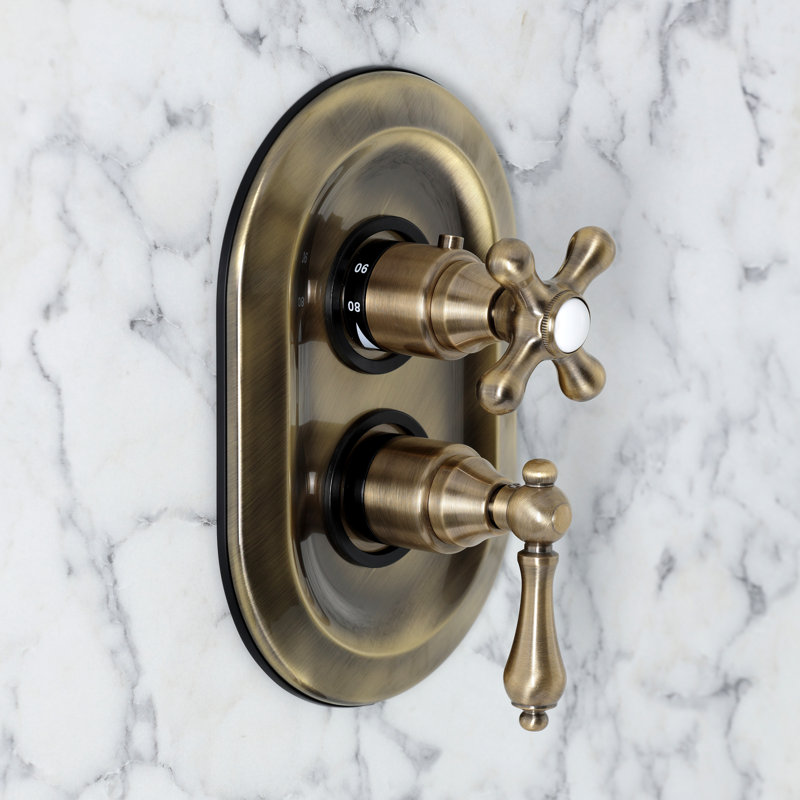 Robinet de baignoire et douche thermostatique à 3 poignées à 3 trous avec inverseur à piston Kingston, Antique Brass