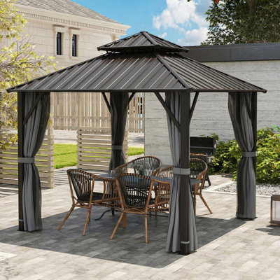 Outsunny 3 x 3(m) Hardtop Gazebo Canopy w/Double Metal Roof, Grey
