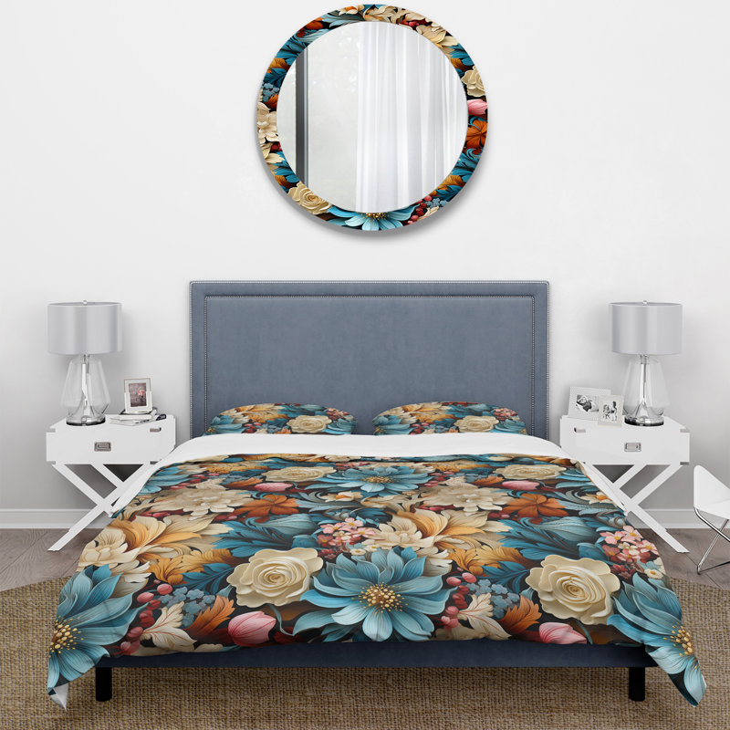 Literie de fleurs bleues et beiges éclatantes, Housse de couette simple + 1 taie décorative stan