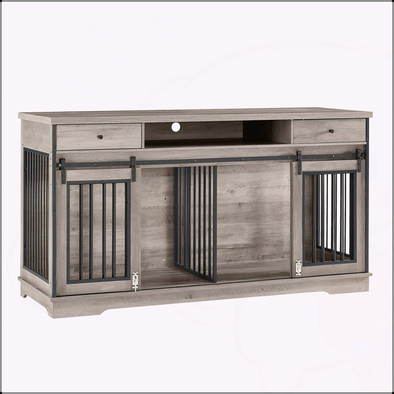 Très grande armoire télé avec cage pour chien et cage avec 2 tiroirs, Gris