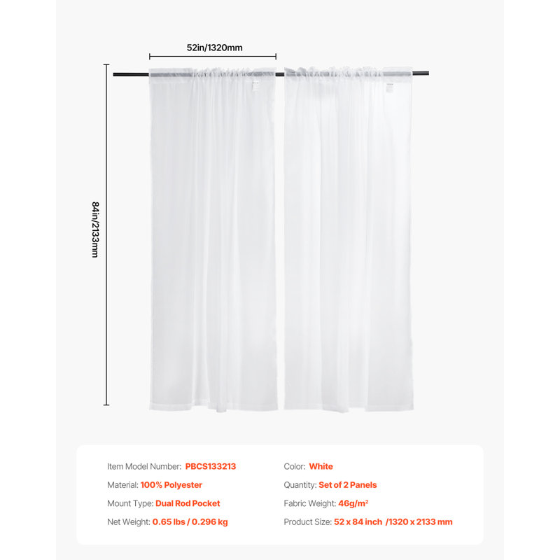 Paire de rideaux transparents 2 panneaux, L 52 po x L 84 po