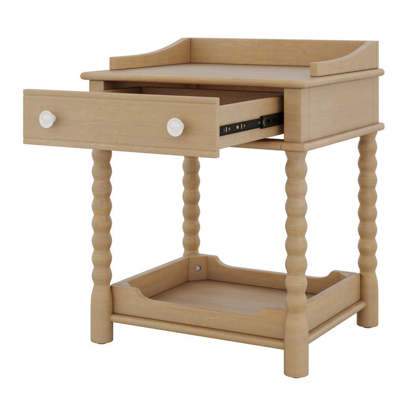 Table de chevet rétro avec tiroir de rangement et tablette ouverte, pieds tournés et poignée en métal