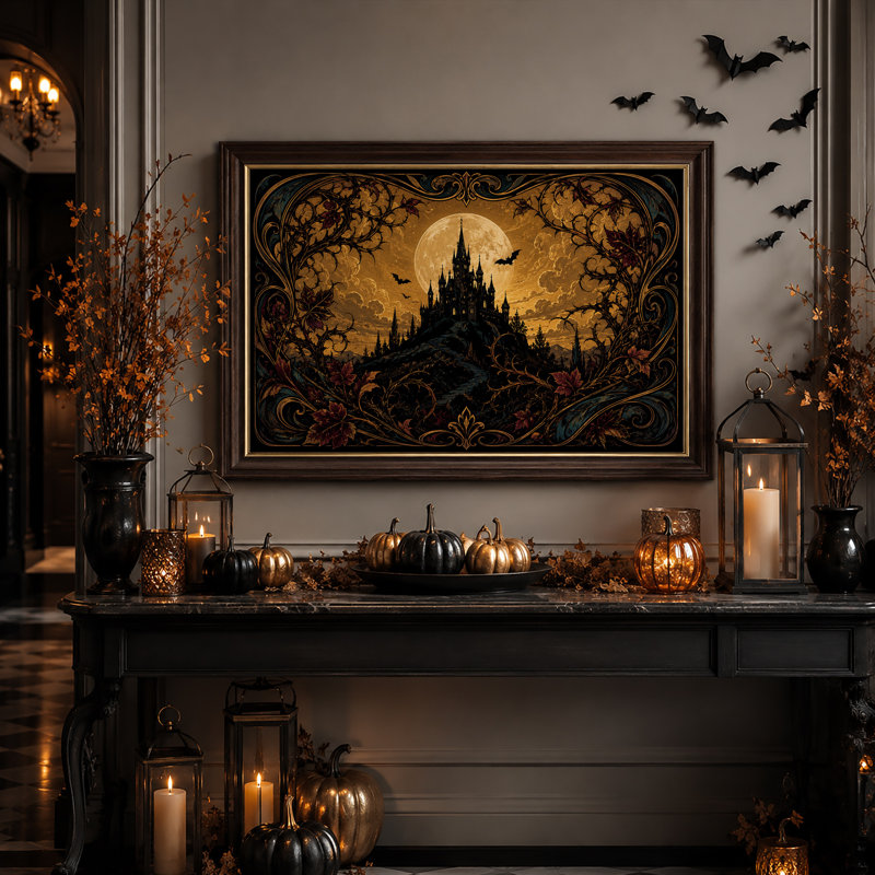 Château gothique sous la pleine lune avec cadre épineux - Toile murale d'Halloween, 16"H x 24"W