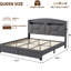 Structure de lit pour grand lit avec rangement pour tête de lit et prise de courant, gris, 3 lumières à DEL réglables, 2 tablettes - tissu