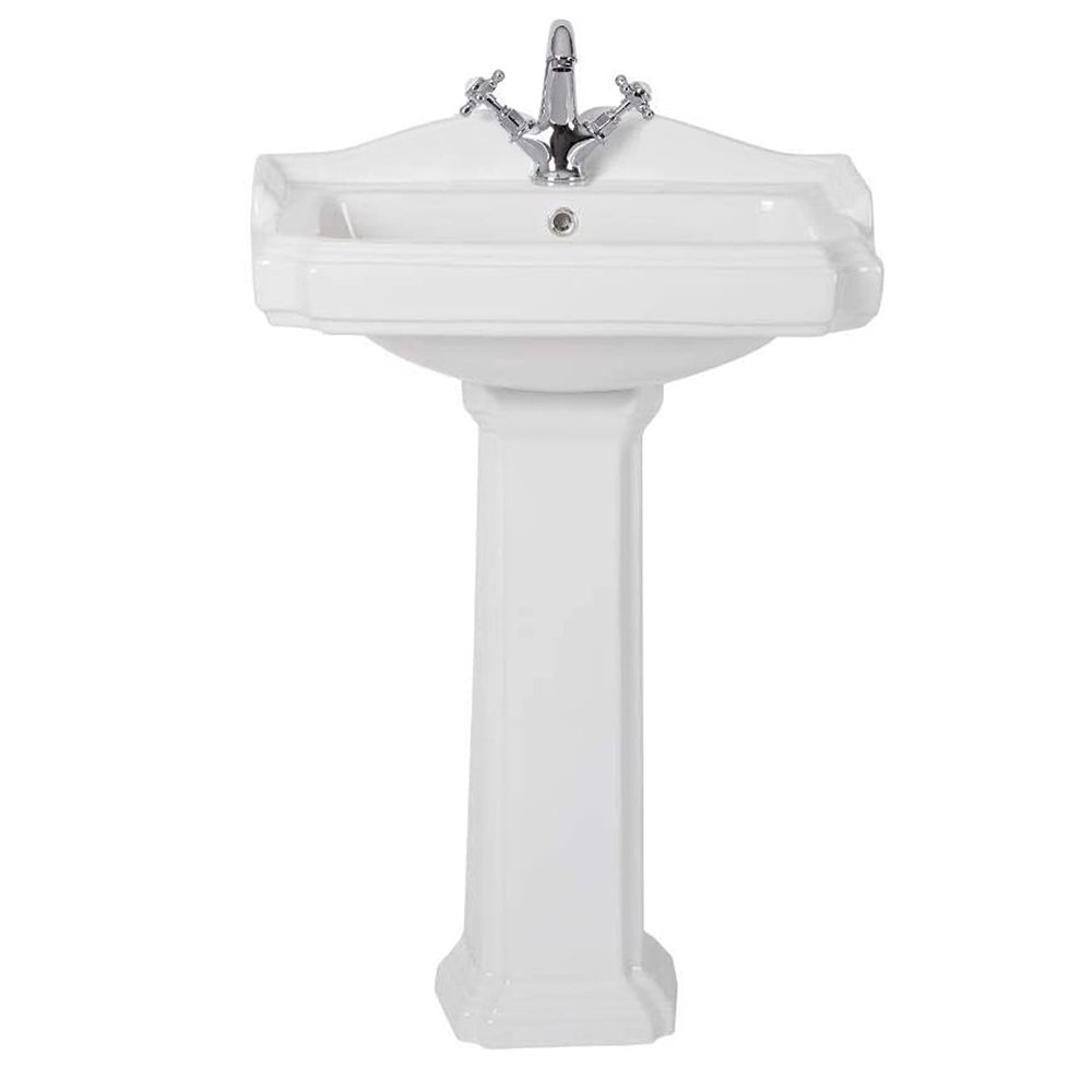 Roquemore 65cm Tall White Ceramic Rectangular Pedestal Bathroom Sink with Overflow