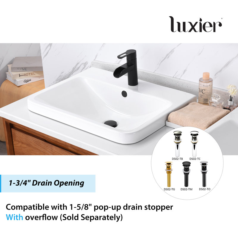 White Ceramic Rectangular Drop-In Bathroom Sink with Overflow
