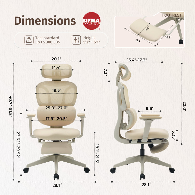 Chaise de bureau ergonomique en filet avec repose-pieds et appui-tête réglable - Chaise de bureau inclinable à haut dossier avec support lombaire pour le bureau personnel