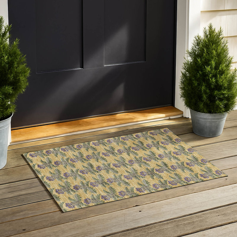 Machine Washable Indoor/Outdoor Chantille ACN2684 Floral Rug, Gold, 1'8" x 2'6"