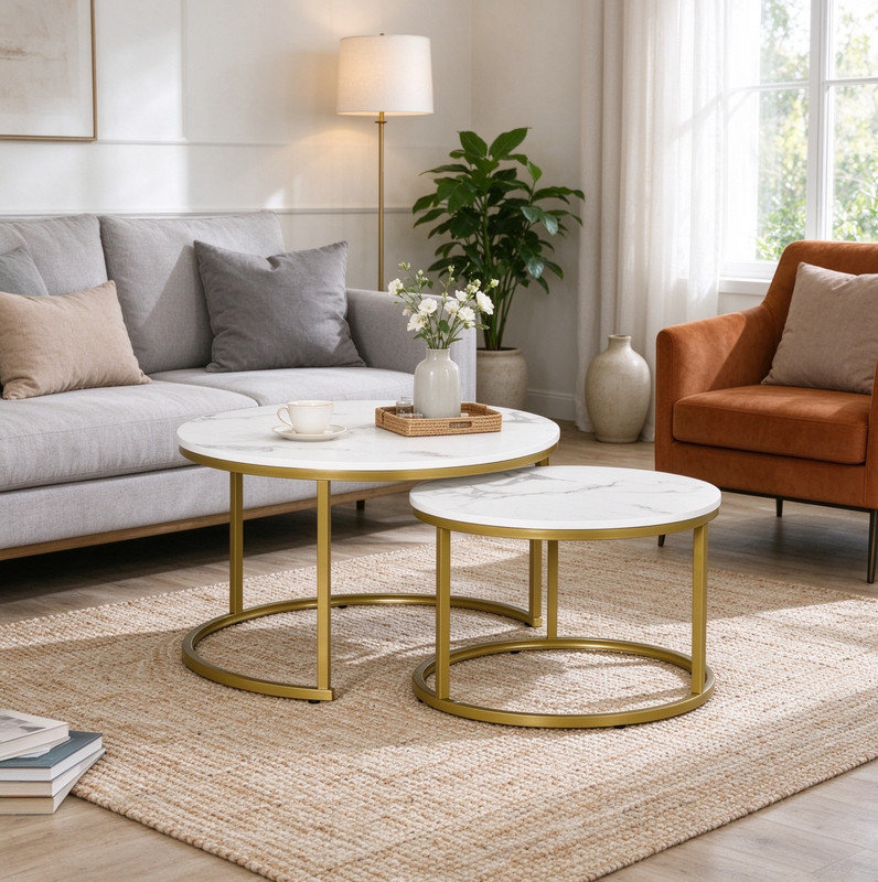 Modern Nesting Side Table Set, White Faux Marble Top Metal Frame for Living Room Space Saving