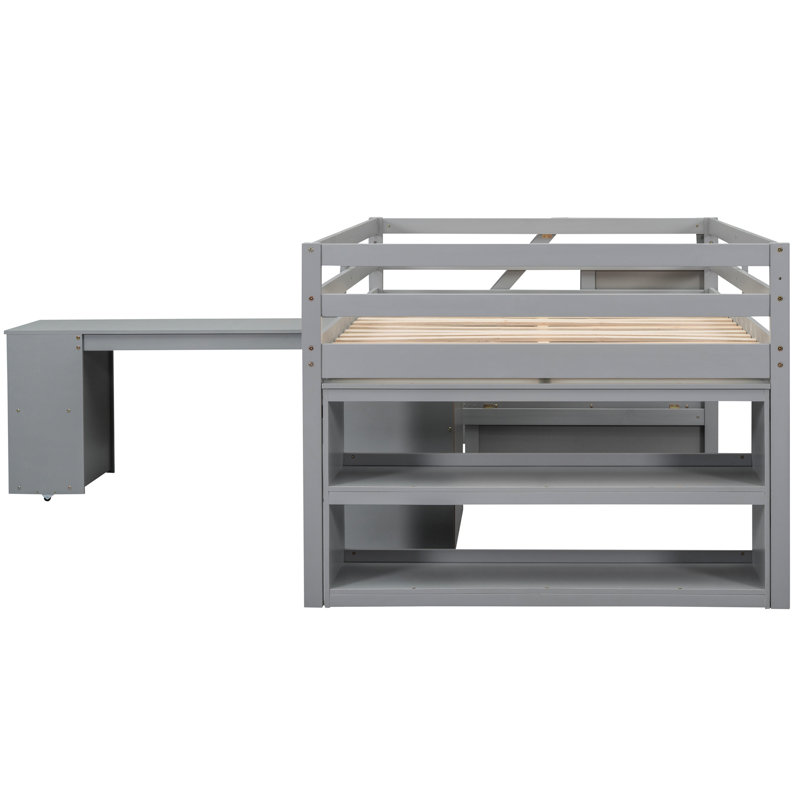 Lit mezzanine double gris avec bureau rétractable, 3 tiroirs de rangement, escalier à tablettes, bois de pin et facile à assembler, solution d'économie d'espace avec tablettes d'écriture, assemblage solide,
