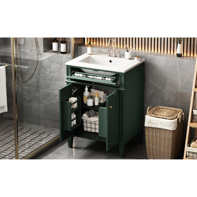 Meuble-lavabo de 24 pouces avec 2 tiroirs profonds, charnières à fermeture en douceur, pieds en bois massif, lavabo en céramique brillante, portes pour espaces compacts d'inspiration française, tiroir basculant, rails coulissants lisses, lavabo,