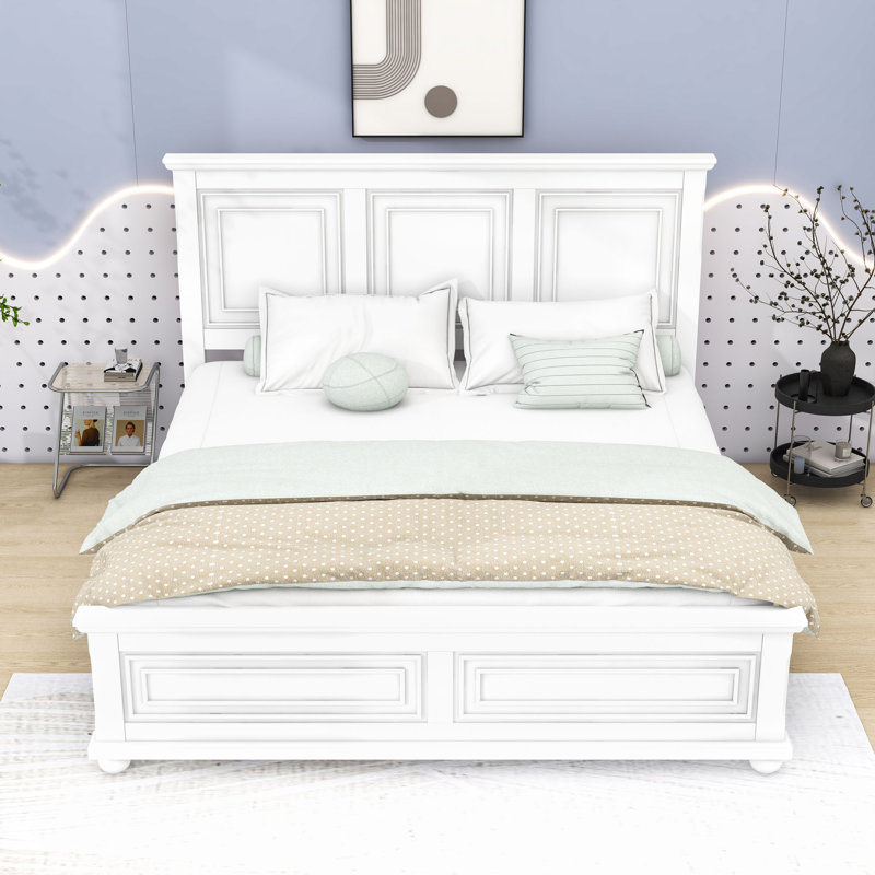 Panel Bed with Headboard and Slats, King, White