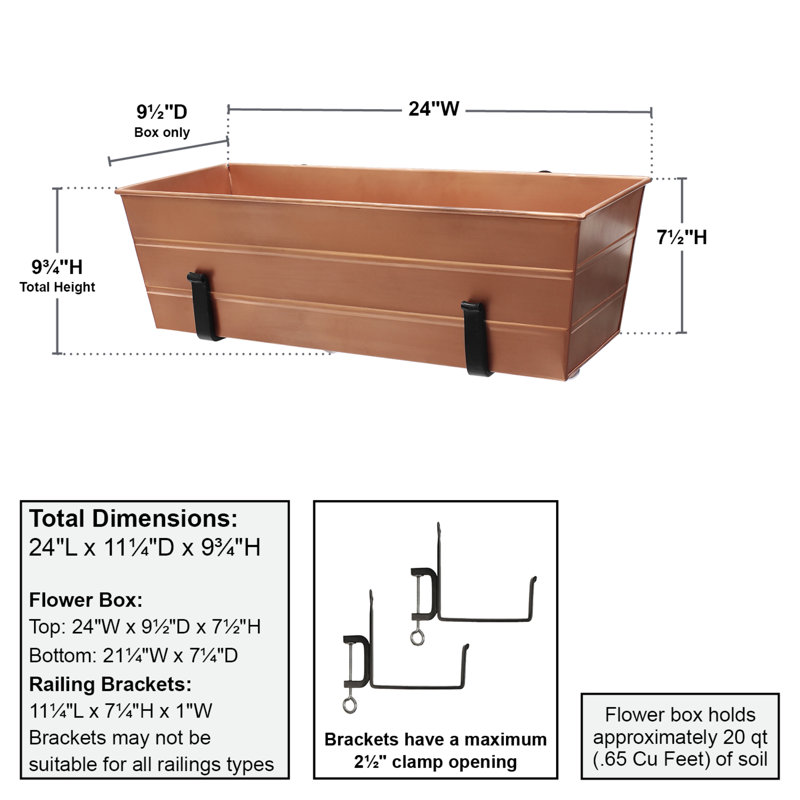 Metal Window Box Planter, Copper, 8.75"H x 24"W x 11"D