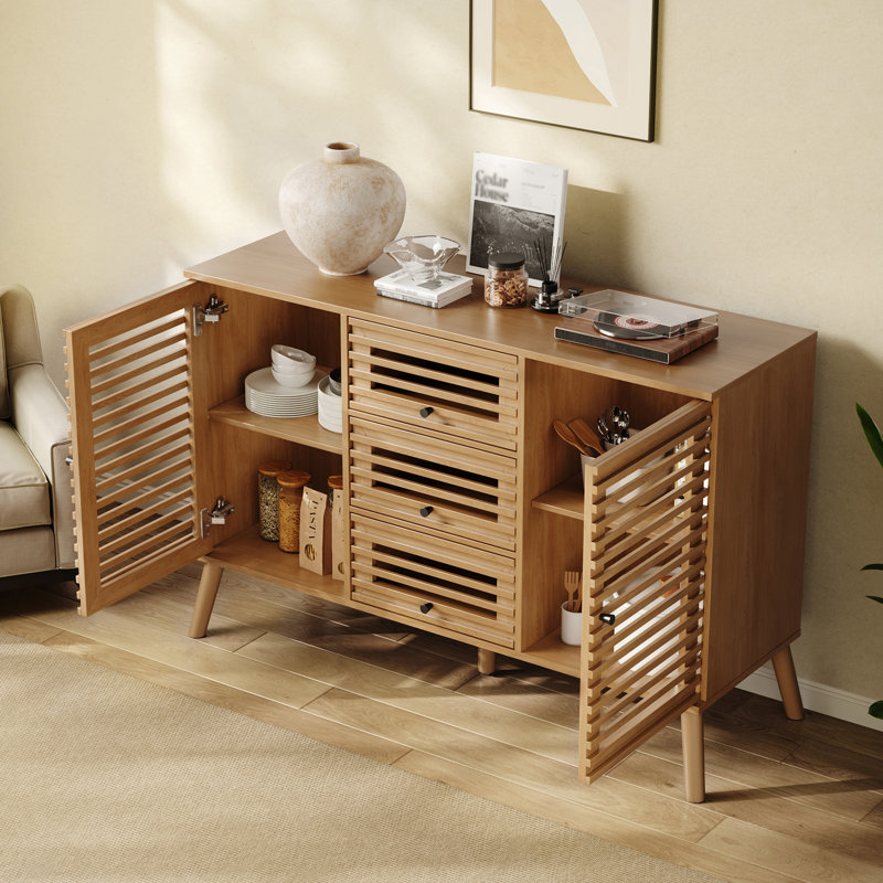  Buffet Cabinet With Slatted Doors, 47" W Sideboard Buffet With Drawers, Modern Mid Century Accent Storage Cabinet For Living Room, Entryway, Kitchen, Oak