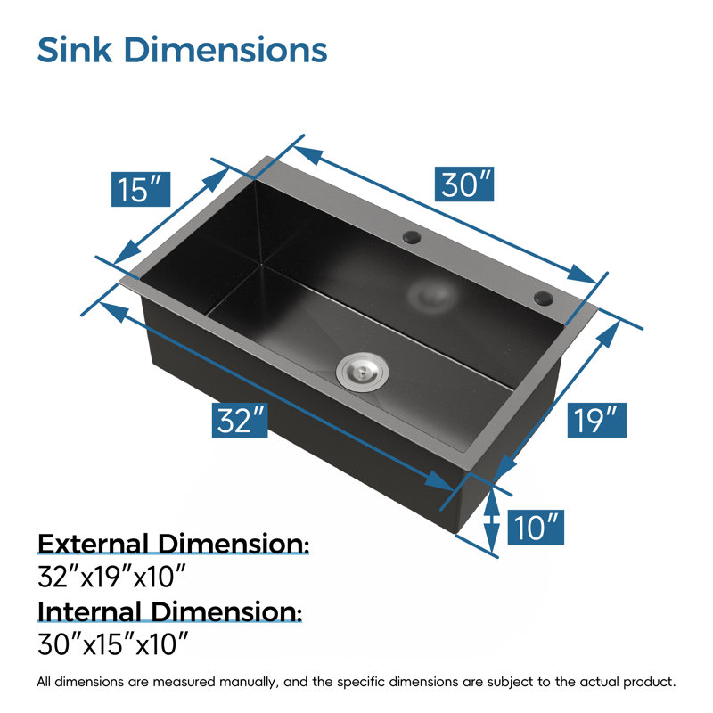 32-inch L Single Bowl Overmount Handmade Kitchen Sink Stainless Steel Sink with Drain and Hook, Matte Black