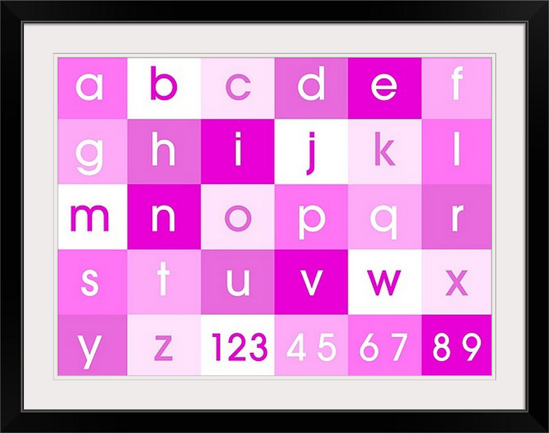 «Alphabet» par Justin, art textuel en rose, H 26 po x l 32 po x P 1 po, Cadre noir