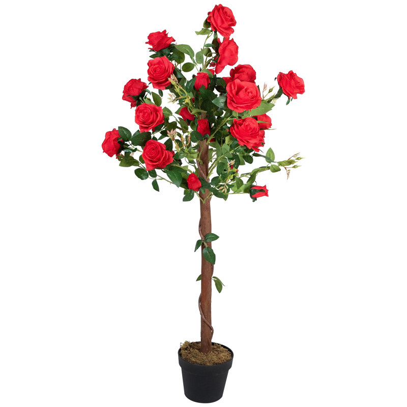 Arbre artificiel en pot avec roses et feuillage - Rouge - 119 cm