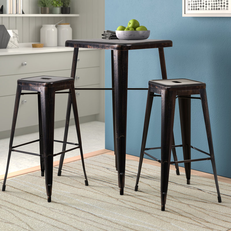Gyeong 23.75'' Square Metal Indoor-Outdoor Bar Table Set with 2 Square Seat Stools, Black/Antique Gold
