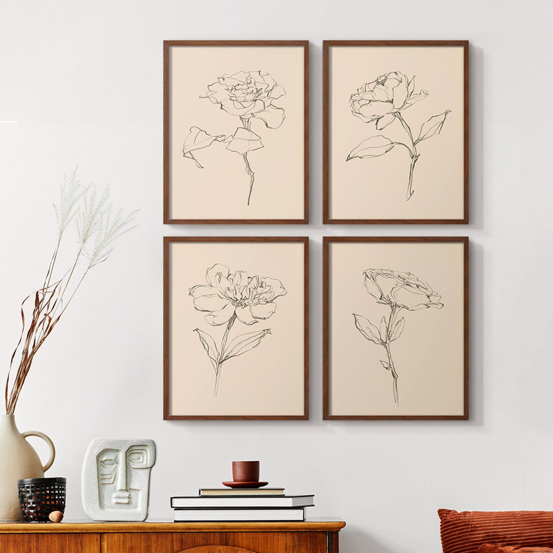«Floral Contour Study I», ensemble de 4 encadrées, H 28 po x l 22 po, Noyer