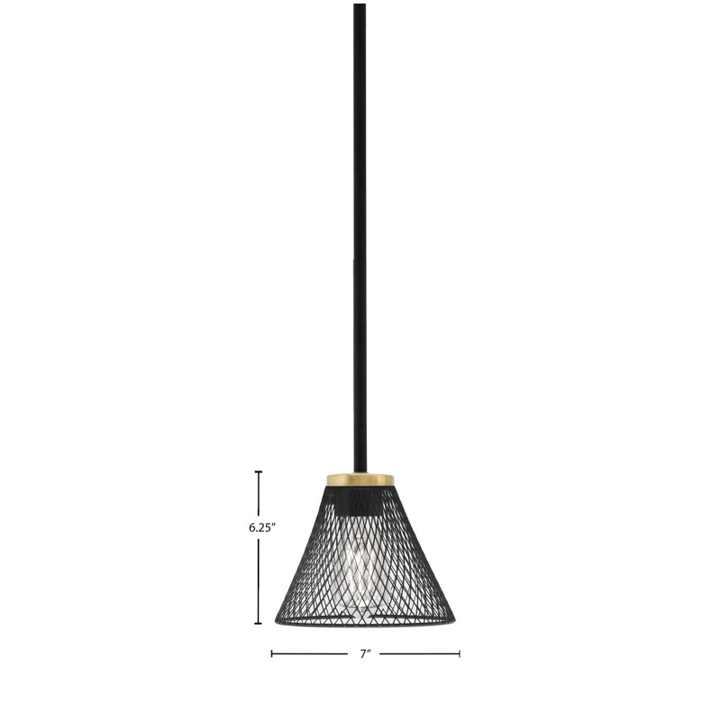 Amarmula 1 Light Stem Mini Pendant, Matte Black & New Aged Brass Finish, 7" Matte Black Cone Mesh Metal Shade