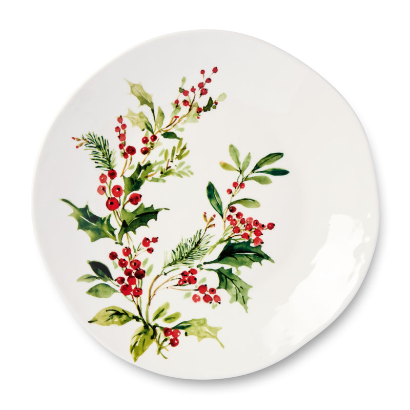 Holly and Vines Christmas Dinner Plates – Set of 4 Stoneware Holiday Plates with Artist-Designed Greenery & Berry Motifs, Elegant Christmas Tableware for Entertaining & Winter Dining