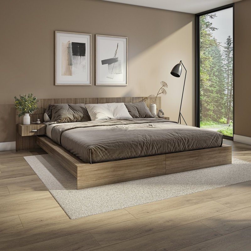 Zen Omega Bedroom - Platform Bed with Headboard and Nightstands (2) – Easy Assembly, No Box Spring Required, Brown, King