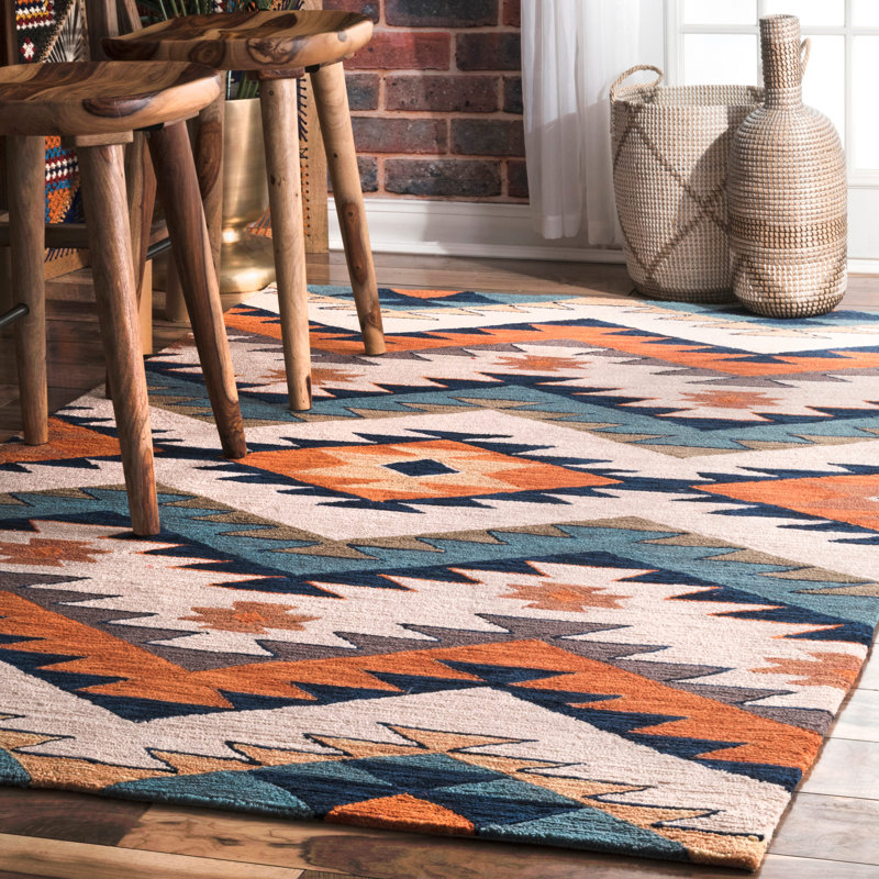 Handmade Hooked Orange/Cream/Navy Area Rug, Rectangle 5' x 8'