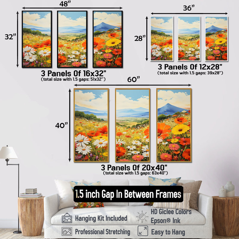 Ensemble de salon Wildflowers Charm In Mountain Scenery I - Wildflowers Wall Art, Cadre flottant noir