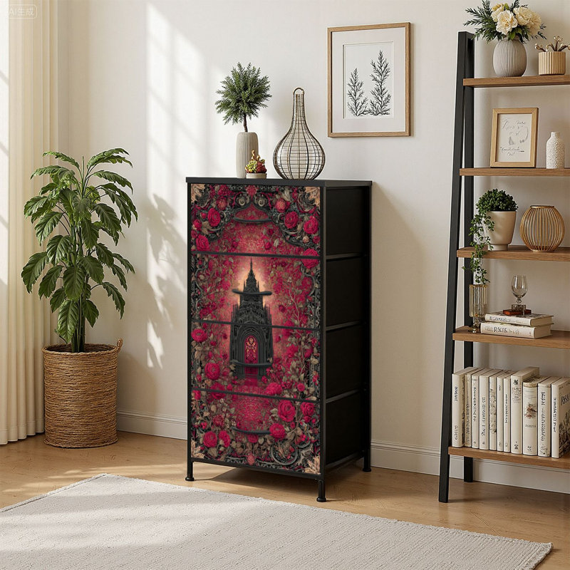 Commode 4 tiroirs avec rangement vertical et cathédrale gothique en verre coloré