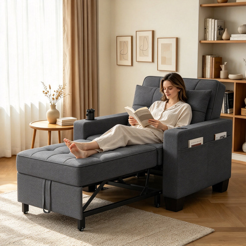 Fauteuil-lit escamotable 3-en-1 à lattes de 36,6 po Latitude USB Latitude Run, Lin gris foncé