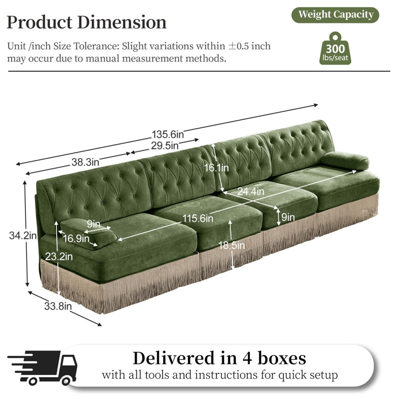 Canapé Chesterfield en velours de 135 po avec capitonnage à boutons et jupe à pampilles, Vert