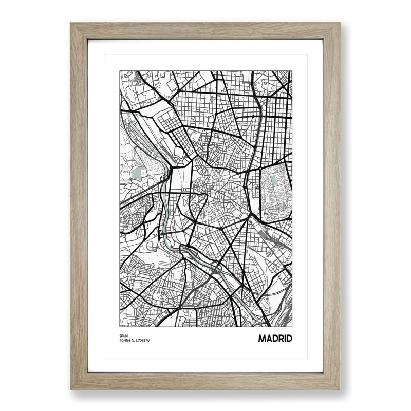 Map Madrid Spain - Picture Frame Graphic Art, 90cm H x 65cm W x 2cm D, Oak