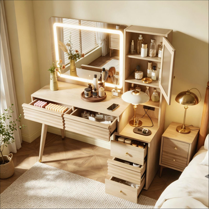 Coiffeuse avec miroir lumineux, table de toilette à 5 tiroirs, armoire de rangement en verre cannelé et prise électrique, pieds en bois d'hévéa, finition naturelle