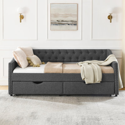 Twin Size Daybed With Drawers Upholstered Tufted Sofa Bed, With Button On Back And Copper Nail On Waved Shape Arms(81.5''X4''x30.5'')
