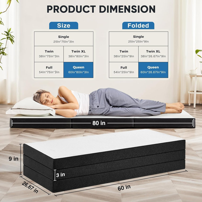 Tri-Fold Memory Foam Mattress - Portable Floor Bed, Foldable Mat For Adults, Collapsible And Washable Cover With Certipur-US Certified, For Travel & Camping & Yoga