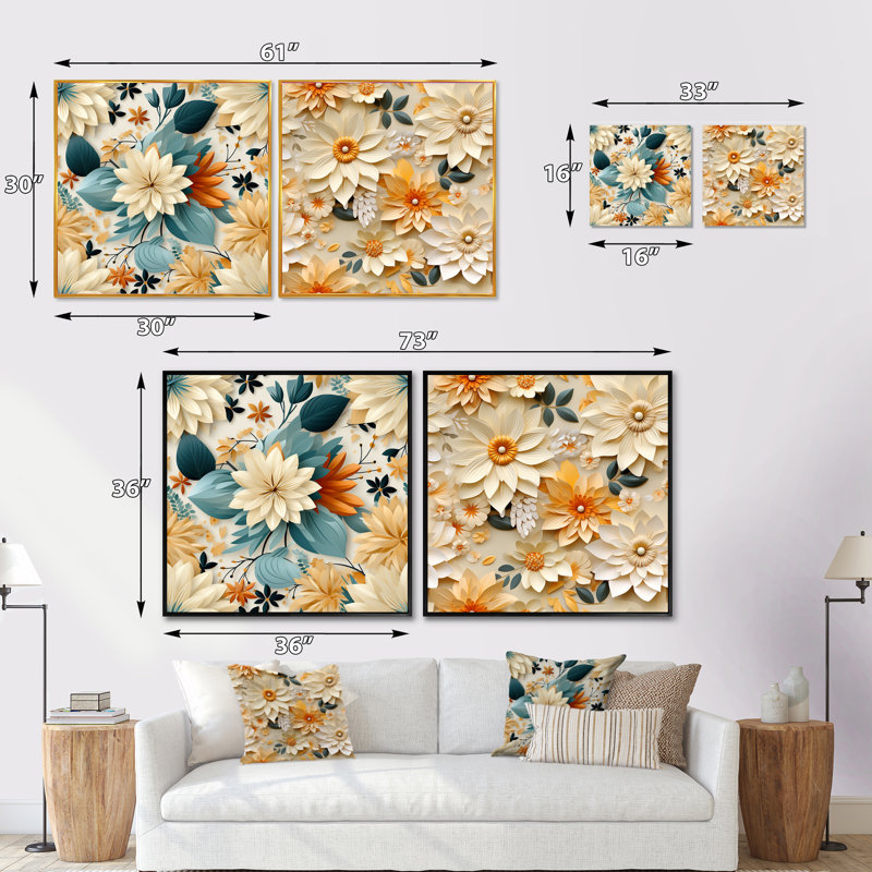 Hippolyte - Ensemble de 2 collages floraux carrés, H 36 po x l 73 po, Cadre flottant doré
