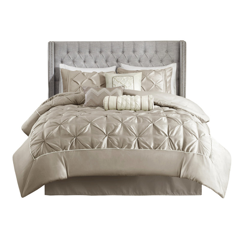 Édredon taupe 7 pièces pour très grand lit - Design avec détails rembourrés l 104 po x L 92 po et plus Lavable à la machine Élégant touffetage à la machine l 72 po x L 84 po + P 15 po Coussin décoratif