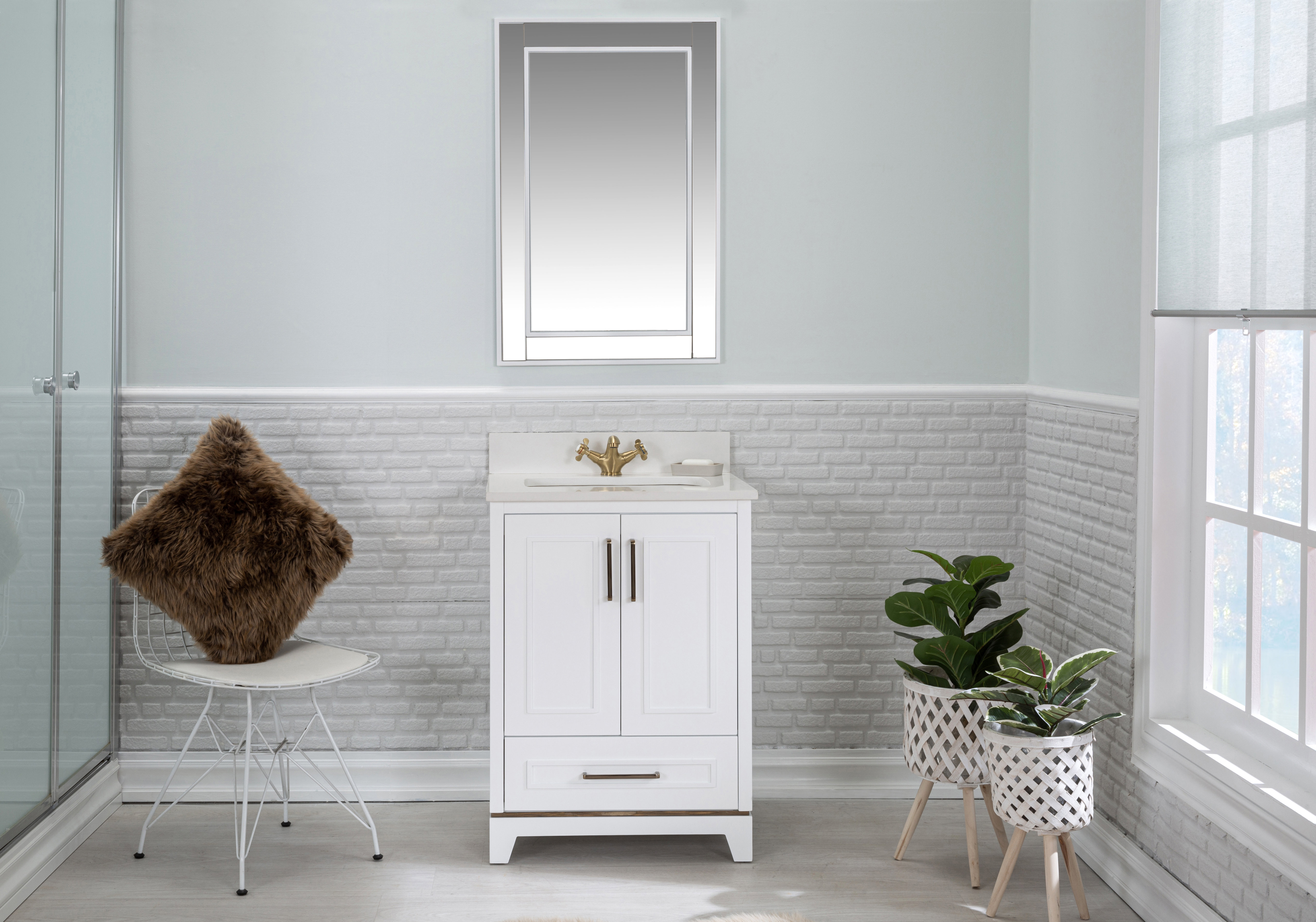 Adorn Vanity Albia 24'' Freestanding Single Bathroom Vanity with Quartz Vanity Top & Mirror