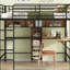 Lit mezzanine double avec métal et bois - noir et brun, structure durable, tablettes de bureau en L, espace sous le lit, gardé, aucun sommier nécessaire