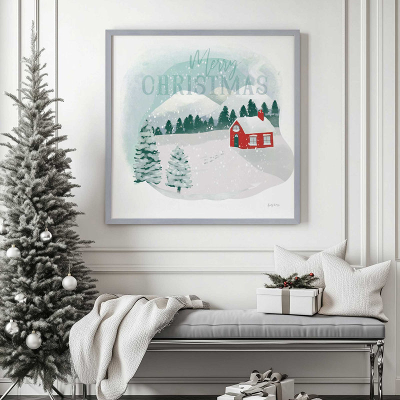 Imprimé chalet des Fêtes dans la neige, H 13,75 po x l 13,75 po, Cadre simple en zinc patiné, bois massif