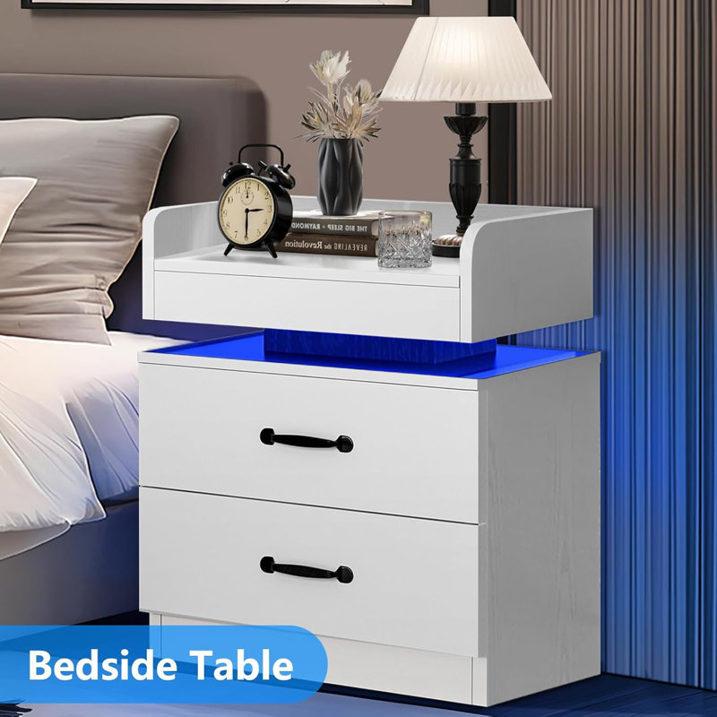 2 - Drawer Nightstand with Charging Station and LED Light,USB Ports and Outlets, White, Individual