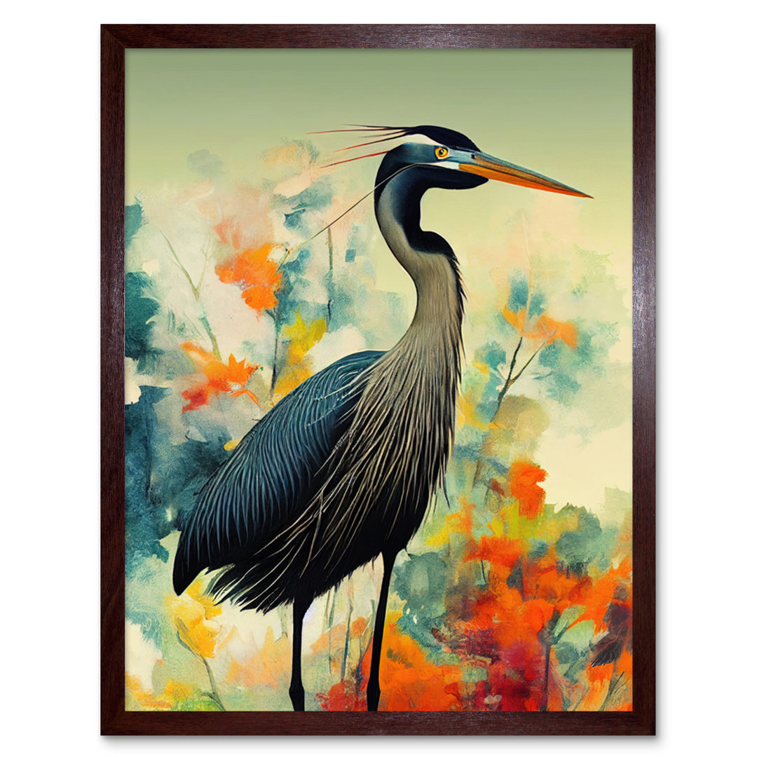 Heron Bird Abstract Flower Field - No Frame Rectangle Print